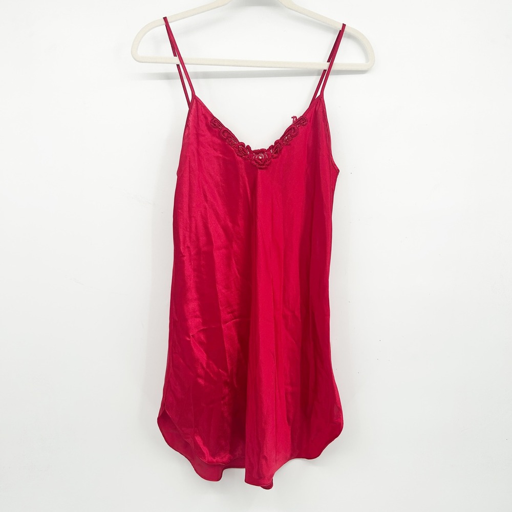 Intimate Moods Womens Vintage 90s Coquette Red Satin Lace Trim Cami Slip Dress S
